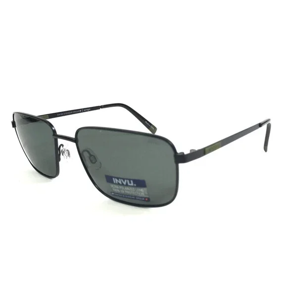 INVU. Sunglasses 314-C3 Shiny Black Rectangle Frames with Green Polarized Lenses